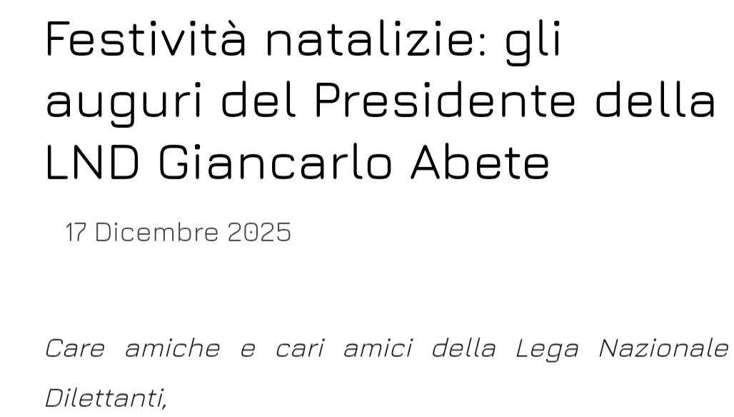 Festività natalizie, il messaggio di auguri del Presidente LND Giancarlo Abete