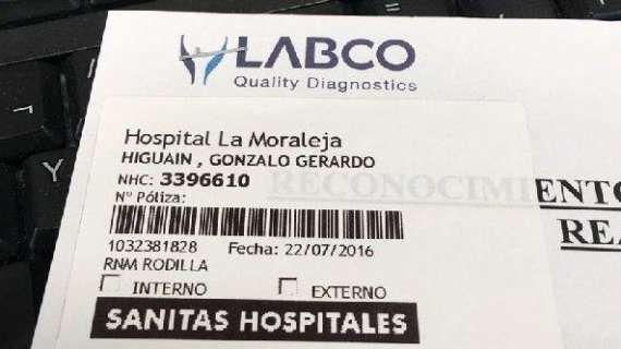 Higuain: su twitter la foto della cartella clinica relativa alle visite