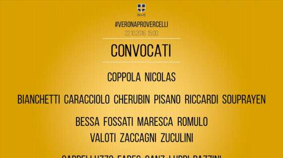 Verona-Pro Vercelli, i convocati di Pecchia
