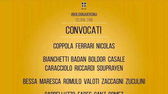 Bologna-Verona, i convocati di Pecchia. Assente Pisano