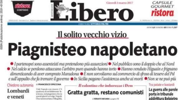 Libero, il direttore Senaldi: "Titolo piagnisteo napoletano? La prima pagina è mia e quelle notizie da Napoli..."
