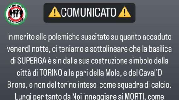 Comunicato Drughi: "Superga è simbolo di Torino, non del Torino. Lungi da noi inneggiare ai morti come fatto nei nostri riguardi da altre tifoserie"