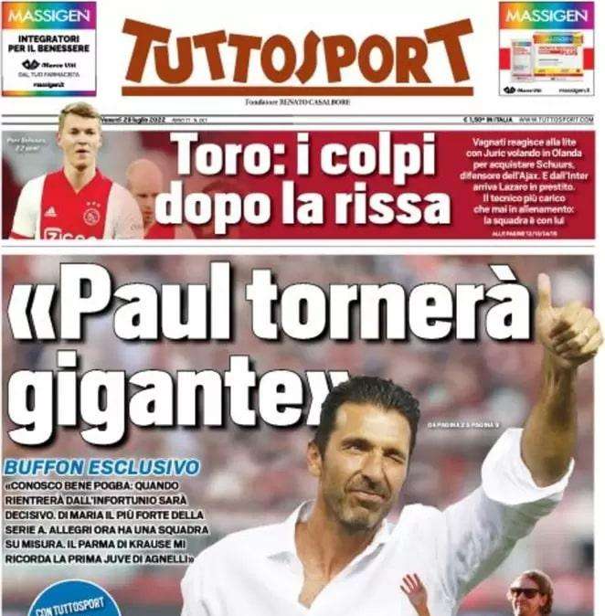 Buffon su Tuttosport: “Pogba tornerà gigante”