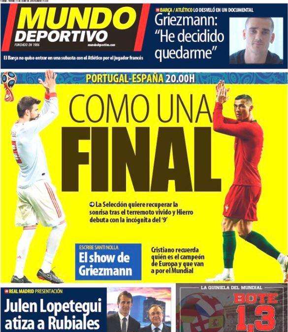 L'apertura del Mundo Deportivo: "Portogallo-Spagna, come una finale"