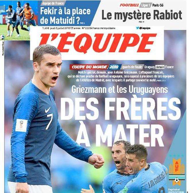 Francia, L'Equipe: "Griezmann e gli uruguaiani, fratelli da guardare"