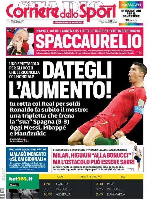 L'apertura del Corriere dello Sport su CR7: "Dategli l'aumento!"