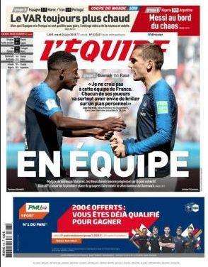 Francia, L'Equipe: "En équipe"