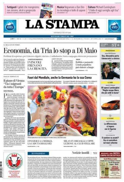 Germania fuori dai Mondiali. La Stampa: "La Corea colpisce ancora"