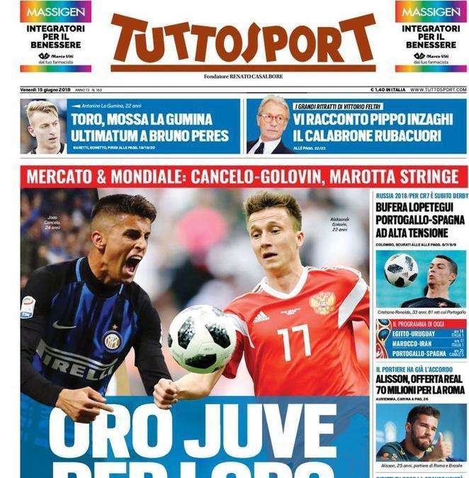 L'apertura di Tuttosport: "Golovin-Cancelo, oro Juventus per loro"