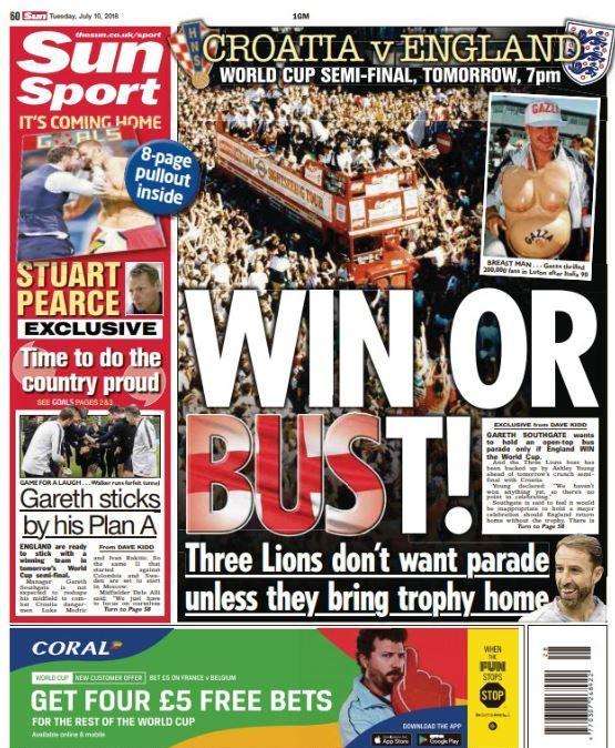 Il Sun in prima pagina sull'Inghilterra: "Vincere o fallire"