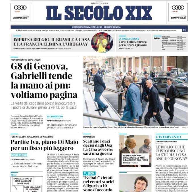 Il Secolo XIX: "Impresa Belgio, Brasile a casa e la Francia elimina l’Uruguay"