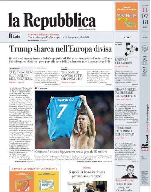 La Repubblica su Ronaldo alla Juventus: "Un sogno da 117 milioni"