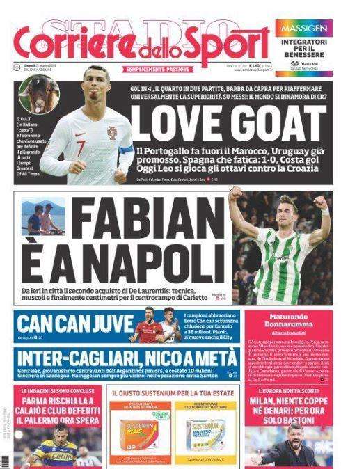 L'apertura del Corriere dello Sport su CR7: "Love Goat"