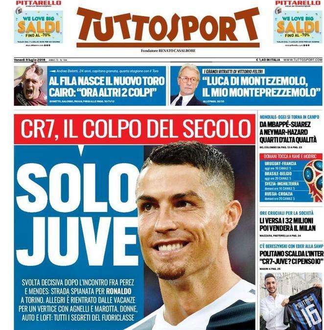 Tuttosport su CR7: "Solo Juve, per il colpo del secolo"