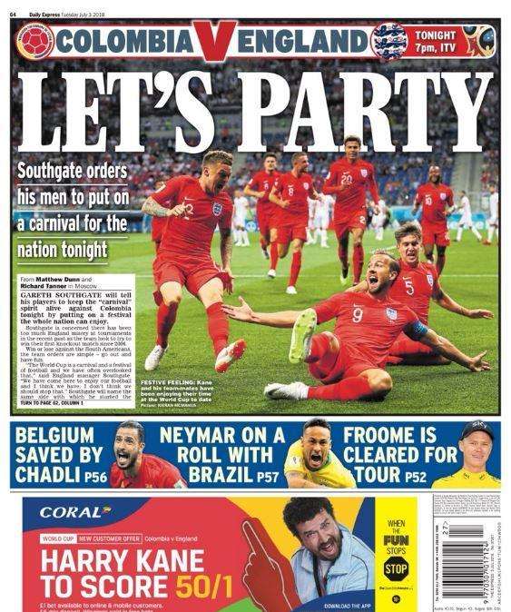 Colombia-Inghilterra, il Daily Express: "Let's party"