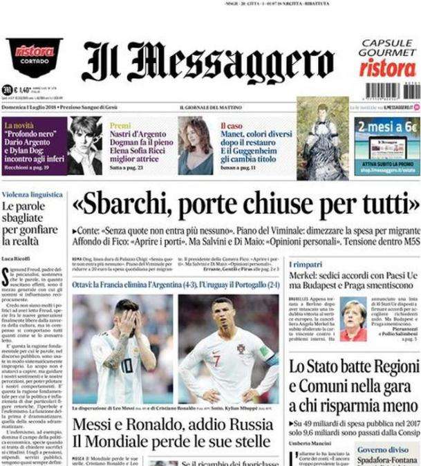 Il Messaggero: "Messi e Ronaldo, addio Russia. Il Mondiale perde le sue stelle"