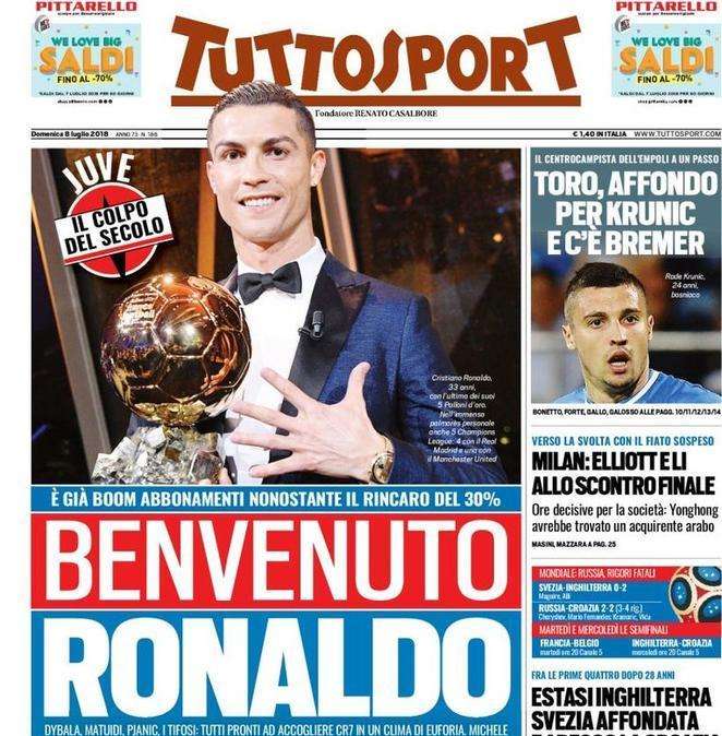 Tuttosport titola: "Benvenuto Ronaldo"