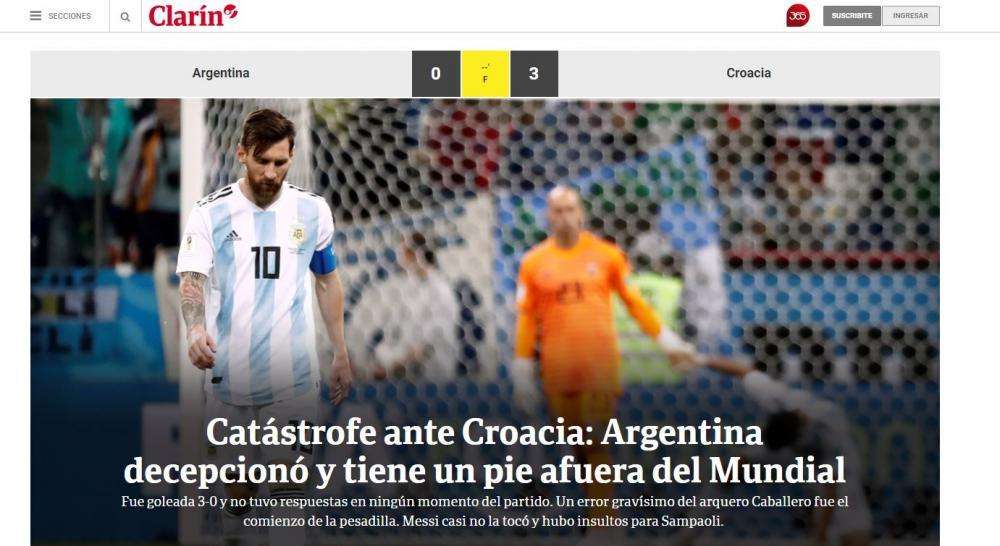 Clarin: "Catastrofe contro la Croazia. L'Argentina con un piede fuori dal Mondiale"