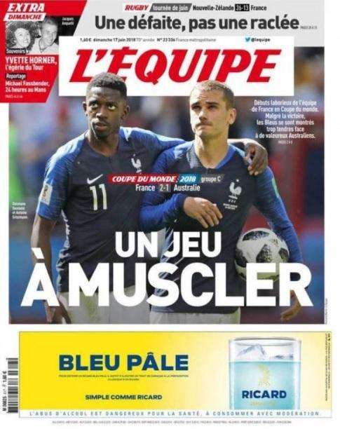 Francia, L'Equipe in prima pagina: "Una partita muscolare"