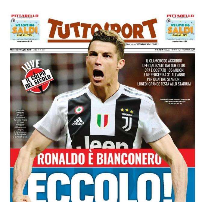 Tuttosport mette solo Ronaldo in prima pagina: "Eccolo!"