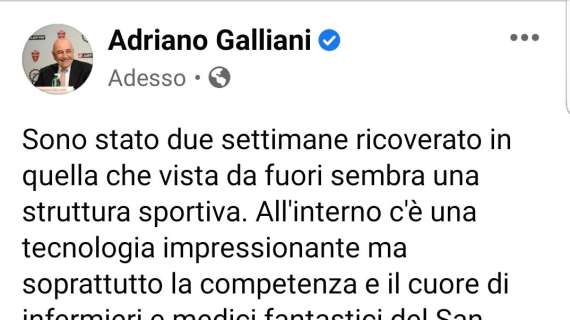 Galliani dimesso dal San Raffaele: "Grazie a medici e infermieri fantastici"