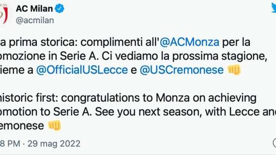 Monza in Serie A, arrivano i complimenti di Milan e Inter: "Una prima storica"