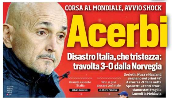 Disastro Italia, Corriere dello Sport: "Acerbi! Che tristezza"