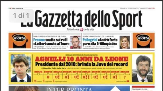 PRIMA PAGINA - Gazzetta: "Juve-Agnelli, 10 anni da leone! Conte punta al top"