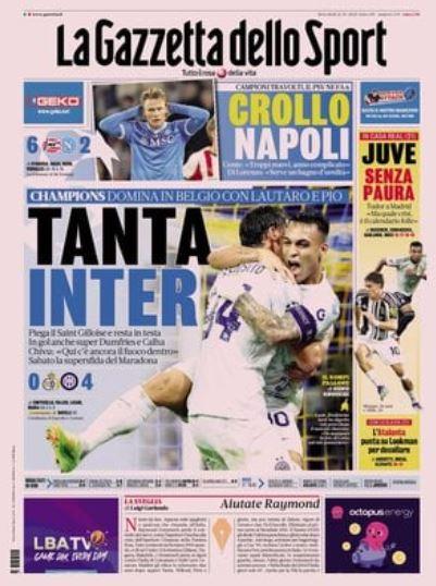 La Gazzetta dello Sport: "Crollo Napoli. Campioni travolti, il Psv ne fa 6"