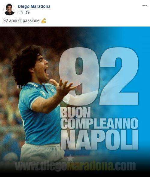 FOTO - Compleanno SSC Napoli, arriva il messaggio di Maradona: "92 anni di passione!"