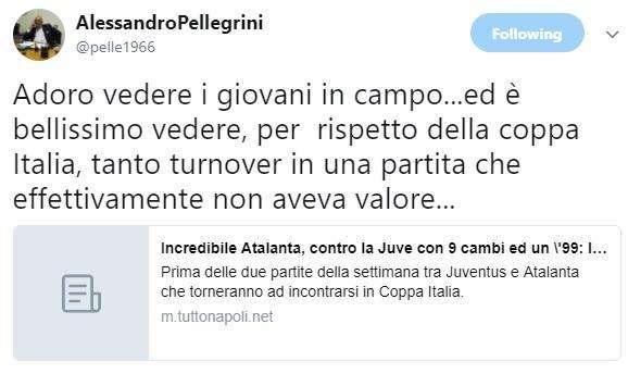 Ag. Pellegrini ironico sul turnover di Gasp: "La gara non aveva valore, bello vedere i giovani..."