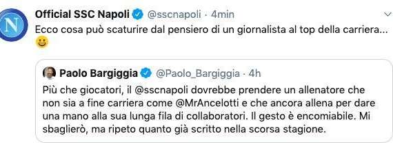 Il Napoli distrugge Bargiggia su Twitter dopo gli insulti ad Ancelotti