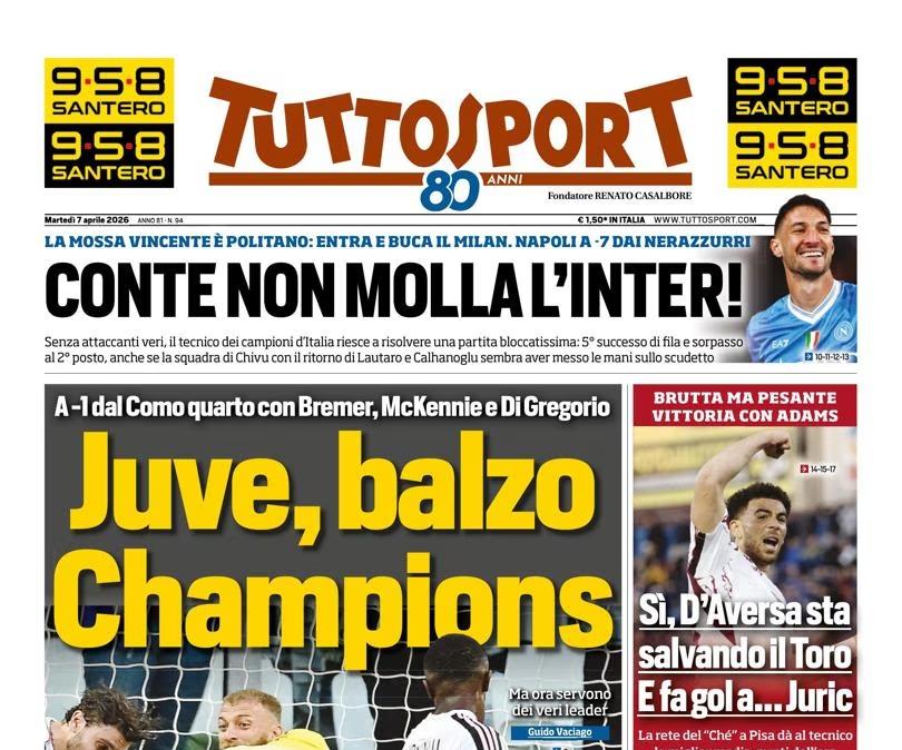 Tuttosport: "Scudetto, Conte non molla l'Inter: il Napoli batte il Milan"