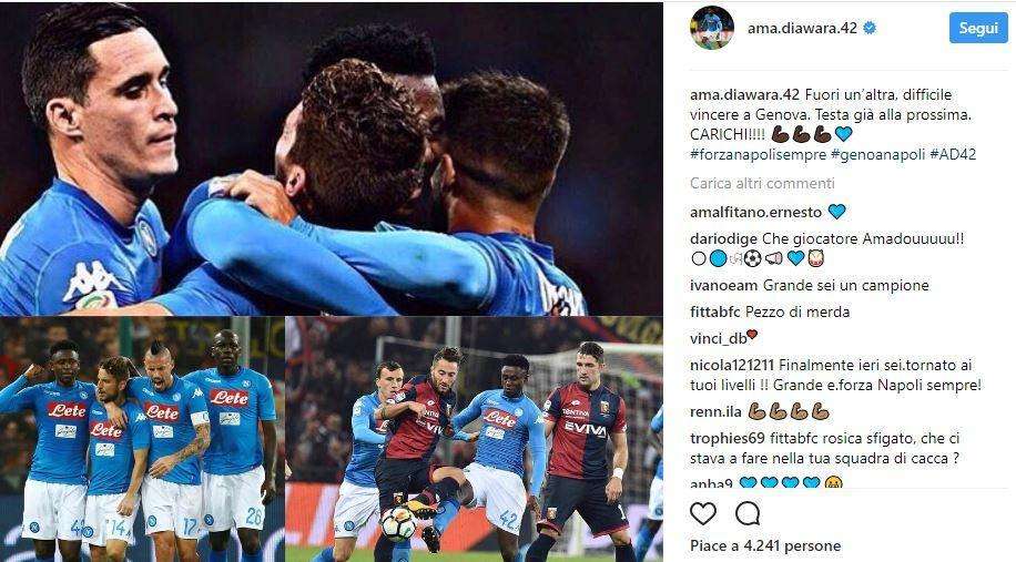 FOTO - Diawara esulta su Instagram: "Fuori un'altra, ma testa già alla prossima. Carichi!"