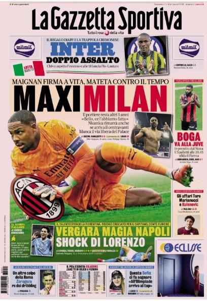 La Gazzetta dello Sport: "Vergara, magia Napoli. Shock DI Lorenzo"