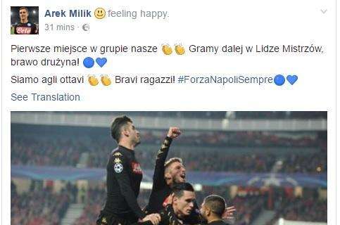 FOTO - Milik carico per gli ottavi, il polacco esulta su Facebook: "Ci siamo, bravi ragazzi!"