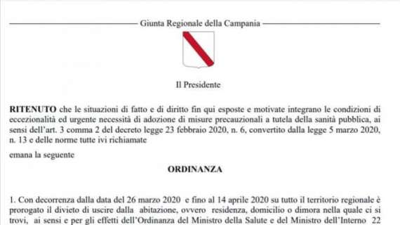 UFFICIALE - In Campania prolungata la quarantena: durerà fino al 14 aprile 