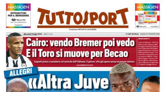 PRIMA PAGINA - Tuttosport: "Allegri: 'Altra Juve con Pogba e Di Maria'"