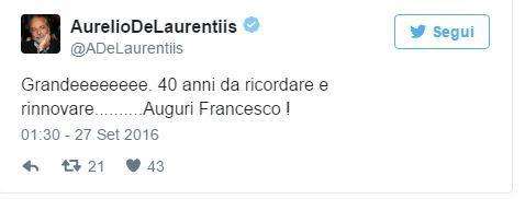 Gli auguri di De Laurentiis per Totti su Twitter: "40 anni da ricordare e rinnovare"