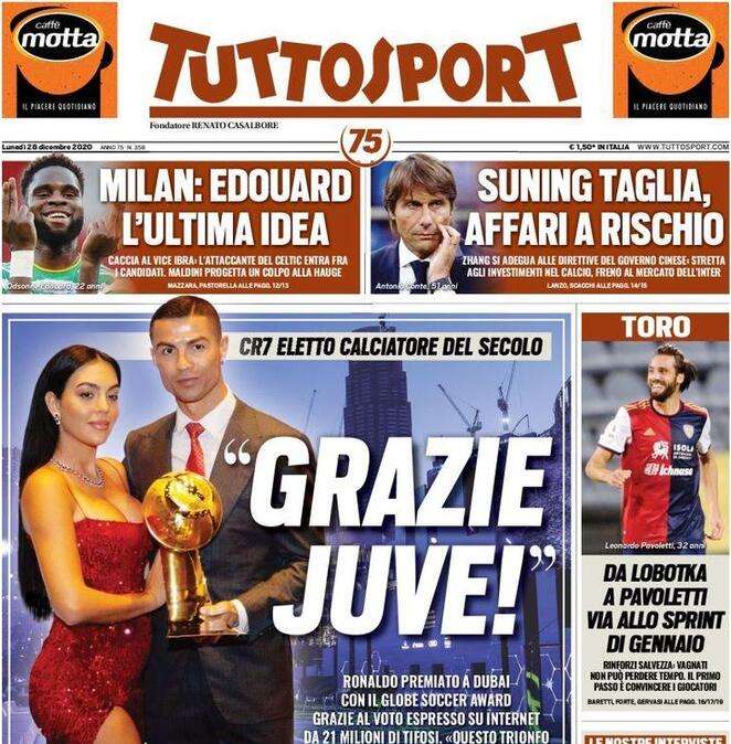 PRIMA PAGINA - Tuttosport apre con CR7: "Grazie Juve"