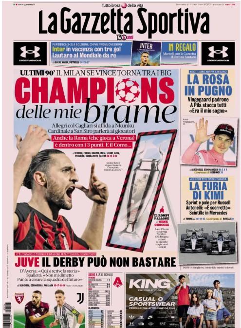 Corsa al 4° posto, Gazzetta dello Sport: "Champions delle mie brame"