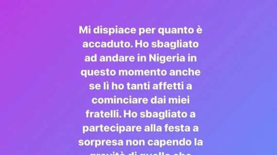 FOTO - Le scuse di Osimhen: "Ho sbagliato, non ho capito la gravità della festa a sorpresa"