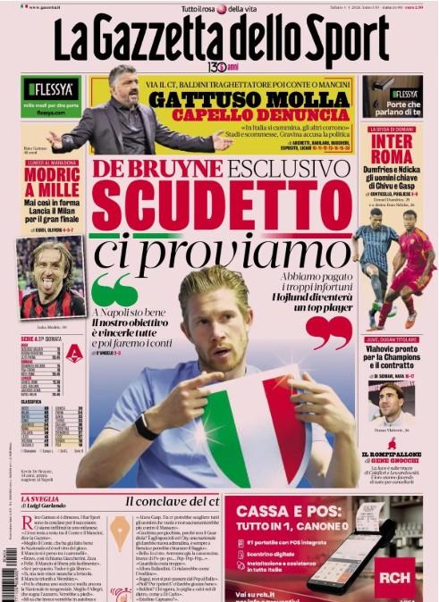Gazzetta intervista De Bruyne: "Scudetto? ci proviamo! Obiettivo vincerle tutte"