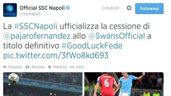 FOTO – SSC Napoli saluta Fernandez: “Buona fortuna Fede”