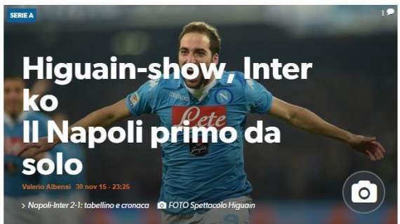 FOTO - CdS esalta il pipita: "Higuain show! Inter ko, Napoli primo da solo"