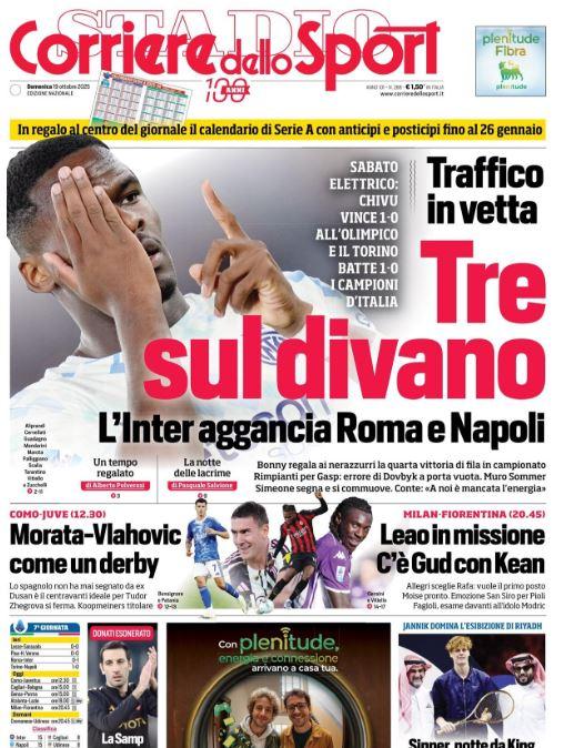 Corriere dello Sport: "Tre sul divano, l'Inter aggancia Napoli e Roma"