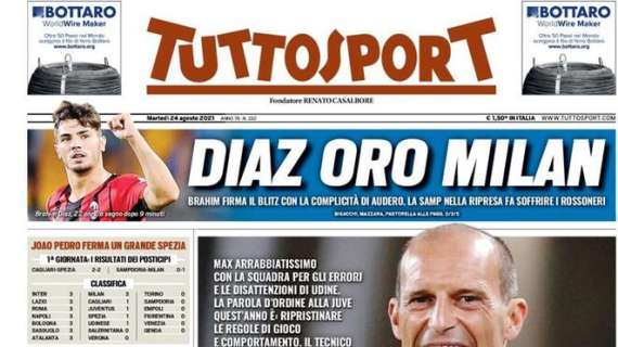 PRIMA PAGINA - Tuttosport: "Furia Allegri, arrabbiatissimo con la squadra"