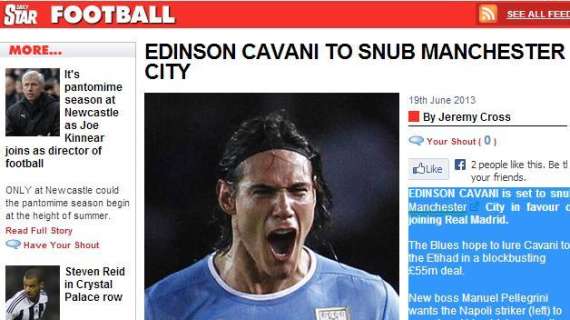 Daily Star - City, offerta shock per Cavani: quasi 17 mln l'anno! Ma il Matador vuole il Real...