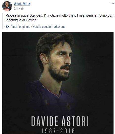 FOTO - Milik, un pensiero per Astori: "Riposa in pace, è una notizia molto triste"