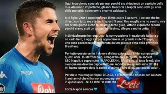 FOTO - Jorginho, meravigliosa lettera d'addio: "Il mio cuore è azzurro e per la mia famiglia Napoli è casa! Stat' rint 'o core mio!"